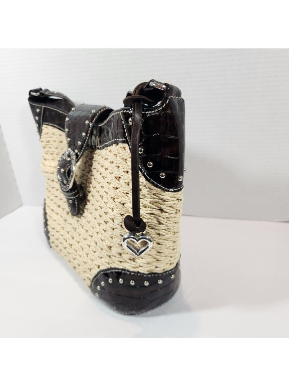 Brighton Woven Tan Straw Studded Brown Leather Handbag Purse Bag DEFECT STRAP - Picture 3 of 16